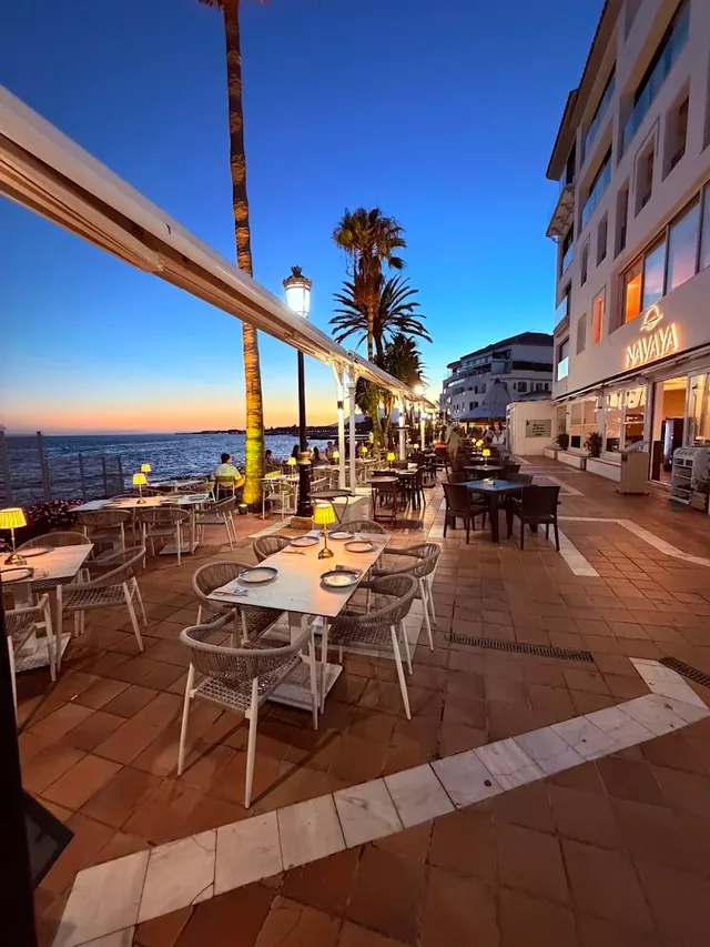 The terrace and the marina at dusk